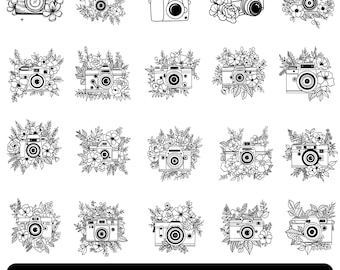 May include: Black and white line art illustrations of cameras surrounded by floral arrangements. The image includes various camera designs, each adorned with different flower types. The bottom of the image displays file format options: EPS, SVG, PNG, JPG, AI, PDF, and DXF.