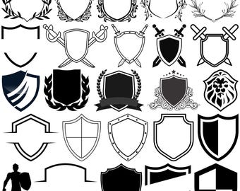 May include: A collection of various shield designs in black and white. Some shields feature decorative elements like swords, laurel wreaths, and ornate borders. A silhouette of a person holding a shield is also included.