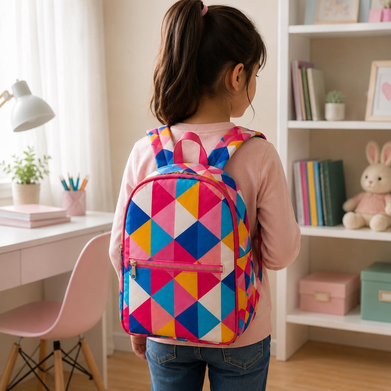 Backpack sewing pattern PDF, front zipper pocket bag pattern, compact daypack DIY, beginner sewing tutorial, handmade backpack construction guide, detailed pattern for creating organized storage for keys, phone, stationery and other small essentials, printable PDF instructions with pattern pieces, zipper installation guidance and illustrated sewing steps, practical travel bag project, school backpack DIY and handmade gift idea