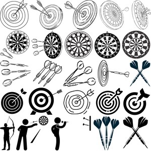 May include: A collection of black and white illustrations of dartboards and darts. The image includes various designs of dartboards, some with numbers, and different styles of darts, some with feathers. There are also silhouettes of people playing darts.
