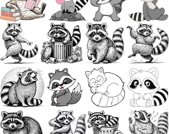 Paquete SVG de mapache, clipart de mapache lindo, archivos de corte de mapache para Cricut, silueta de mapache PNG, SVG de animal del bosque, arte vectorial de mapache