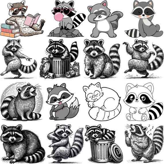 Raccoon SVG Bundle, Cute Raccoon Clipart, Raccoon Cut Files for Cricut, Raccoon Silhouette PNG, Forest Animal SVG, Raccoon Vector Art
