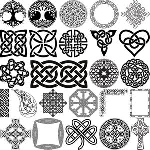 Może przedstawiać: Kolekcja czarno-białych wzorów węzłów celtyckich, w tym kształty okrągłe, kwadratowe i krzyżowe. Obraz zawiera różne skomplikowane wzory, takie jak Drzewo Życia i węzły w kształcie serca.