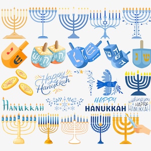 May include: A selection of Hanukkah-themed illustrations, featuring menorahs, dreidels, and gold coins. The designs use blue, gold, and orange, with the words "Happy Hanukkah" and "Hanukkah" displayed in decorative fonts, celebrating the Jewish holiday.