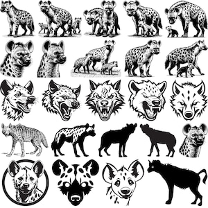 May include: A collection of black and white illustrations of hyenas in various poses. The images include full body depictions, headshots, and silhouettes. Some hyenas are shown with cubs, and others have a fierce expression.