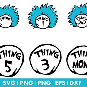 May include: A set of six black and white SVG cut files featuring the text "Thing" with different numbers and words. The text is in a whimsical font and is surrounded by a circle. The files are perfect for creating custom crafts and decorations.