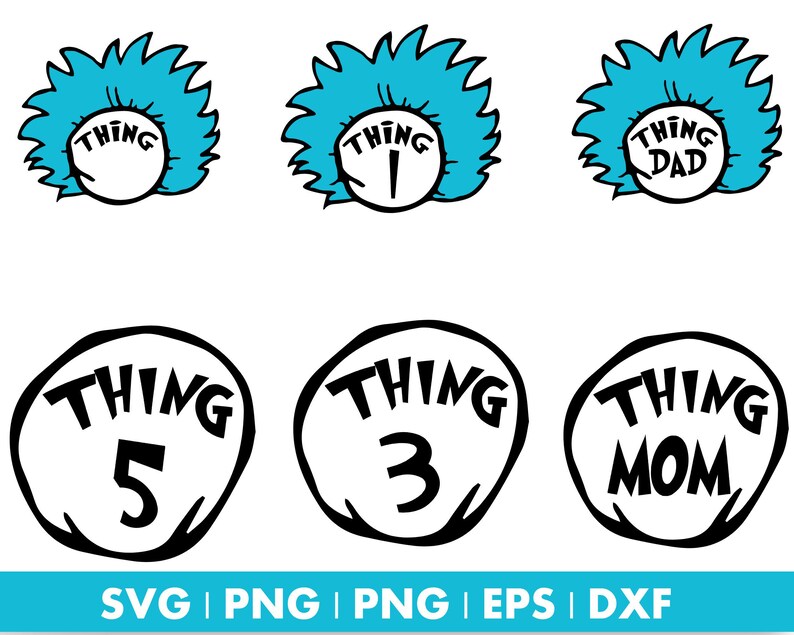 May include: A set of six black and white SVG cut files featuring the text "Thing" with different numbers and words. The text is in a whimsical font and is surrounded by a circle. The files are perfect for creating custom crafts and decorations.