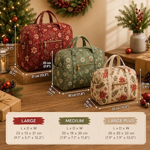 Puede incluir: Tres bolsas de viaje con estampado floral en rojo, verde y crema. La bolsa roja grande mide 23 x 13 x 31 cm, la bolsa verde mediana mide 20 x 18 x 30 cm y la bolsa crema grande plus mide 20 x 20 x 33 cm.