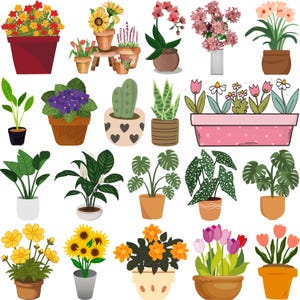May include: A collection of potted plants and flowers, including sunflowers, tulips, and orchids. The pots vary in size, shape, and color, with some featuring decorative patterns. The image showcases a variety of botanical arrangements.
