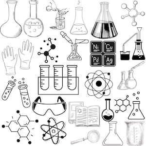May include: Black and white line art illustration of various science and laboratory equipment. Includes beakers, flasks, test tubes, atom models, safety goggles, gloves, and periodic table elements. A magnifying glass and open book are also featured.