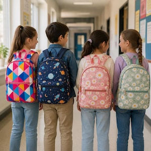 May include: Four backpacks worn by children. The first is a bright geometric pattern of pink, blue, and yellow triangles. The second is a dark blue space print with rockets and planets. The third is pink with white daisies. The fourth is light green with white daisies.