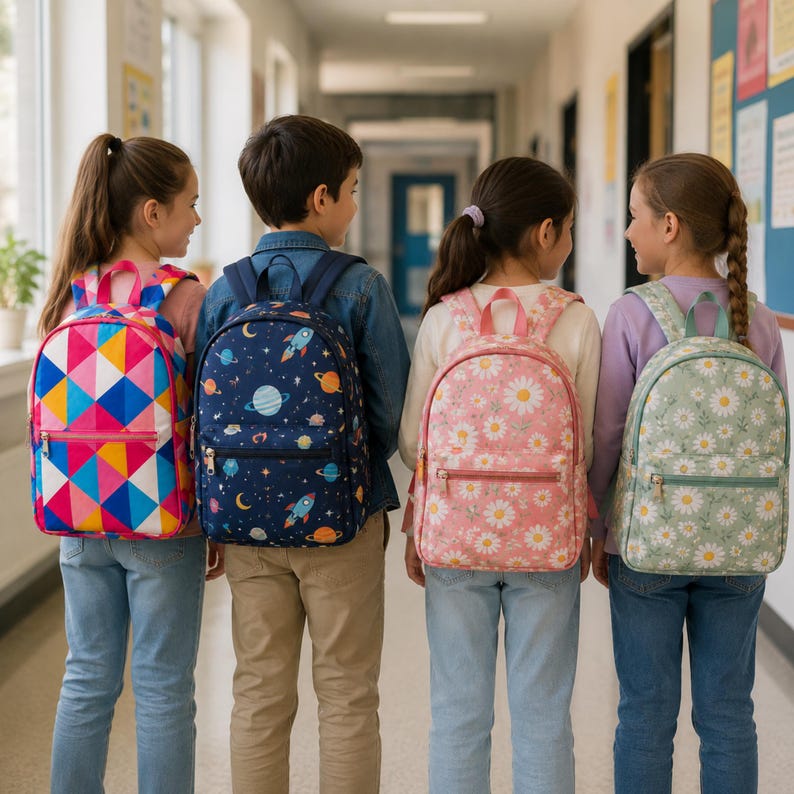 May include: Four backpacks worn by children. The first is a bright geometric pattern of pink, blue, and yellow triangles. The second is a dark blue space print with rockets and planets. The third is pink with white daisies. The fourth is light green with white daisies.