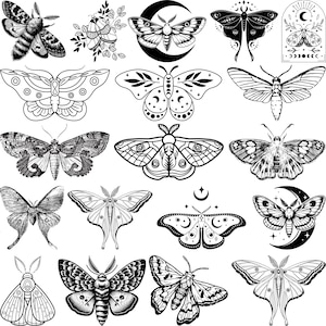 Könnte beinhalten: Eine Sammlung von schwarz-weißen Mottenillustrationen. Die Motten weisen detaillierte Flügelmuster und himmlische Akzente wie Monde und Sterne auf. Einige sind umrandet, andere schattiert, was eine Vielfalt an Stilen bietet.