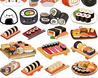 Bundle Sushi SVG Kawaii, Clipart amateur de sushi mignon, cuisine japonaise SVG, fichiers de coupe de sushi pour Cricut, vecteur PNG de sushi, sushi icônes Svg