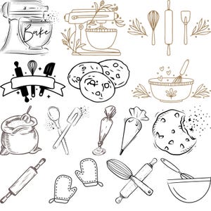 Può includere: Una collezione di illustrazioni lineari relative alla panificazione. Include un'impastatrice, biscotti, mattarelli, una frusta, una ciotola, un sacco di farina, un cucchiaio, una spatola, sac à poche e guanti da forno.