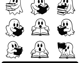 Ghost Reading Book SVG Bundle, Bookish Ghost SVG, Cute Ghost Reading PNG Clipart, Reading Ghost Cut File, Cute Ghost Book Silhouette