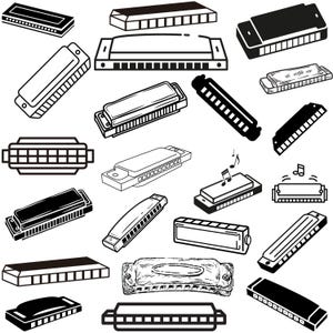 May include: A collection of various harmonicas in black and white. The image showcases different shapes and sizes of the musical instrument, including diatonic and chromatic models. Some harmonicas are depicted with musical notes.