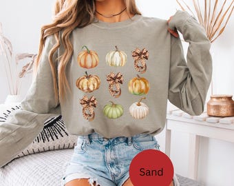 Autumn Harvest Comfort Colors Long Sleeve Tee Cozy Fall Fashion Pumpkin Coquette Bows Graphic Shirt Thanksgiving Outfit Gift for Her