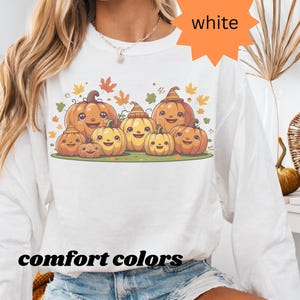 Happy Pumpkins T-shirt met lange mouwen, comfortabel kleurenshirt, gezellige herfstkleding, Halloween-mode, Thanksgiving-cadeau, uniseks T-shirt