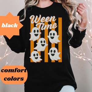 Maglietta a maniche lunghe Ween Time Whimsical Ghosts, maglietta di Halloween, top festivo unisex, abbigliamento autunnale confortevole, abbigliamento per la stagione spettrale
