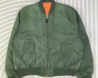 1970 年代 MA-1 グリーン ナイロン ボンバー ジャケット パッチ付き