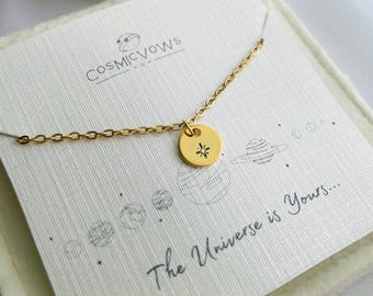 Collier étoile du Nord en or, breloque étoile boussole estampée à la main, collier céleste délicat, bijoux minimalistes