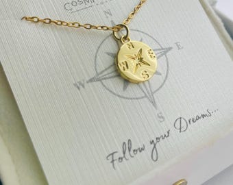 Collier boussole en or, breloque boussole délicate, cadeau de voyage, collier en or minimaliste, pendentif boussole, cadeau d'encouragement