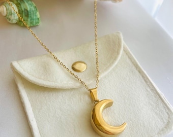 Gold crescent Moon urn necklace for ashes, stainless steel memorial pendant keepsake, cremation jewelry, keepsake jewelry