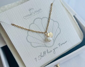 Collier de perles d'eau douce, collier à breloques en coquillages, chaîne plaquée or, plage, cadeau bijoux côtier pour elle