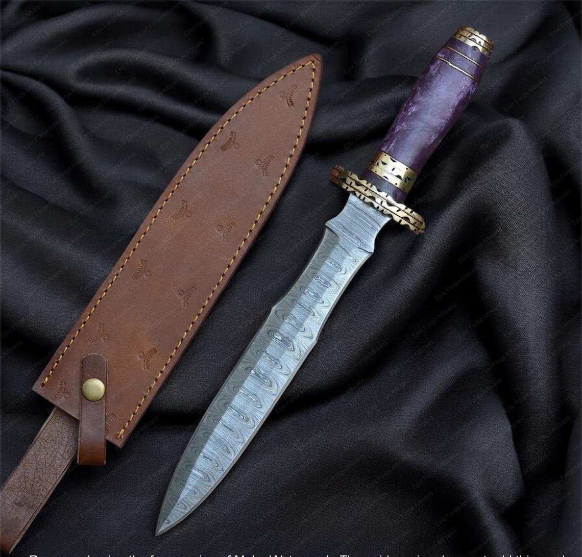 Hand Forged Wavy Dagger Knife-Camel Bone Handle, Damascus Steel Collectible, Engraved Fantasy Dagger, Viking Style Decorative Camping Knife