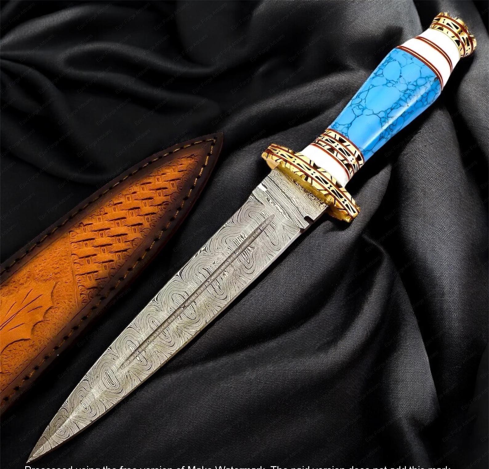 Hand Forged Wavy Dagger Knife-Camel Bone Handle, Damascus Steel Collectible, Engraved Fantasy Dagger, Viking Style Decorative Camping Knife