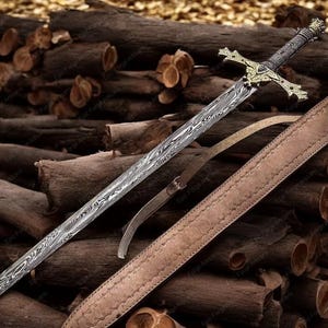 Handgefertigtes Damaszener Tempelritter Schwert – Mittelalterliches Heiliges Schwert mit Premium Lederscheide – Schönes Geschenk für Ihn, Weihnachtsgeschenk