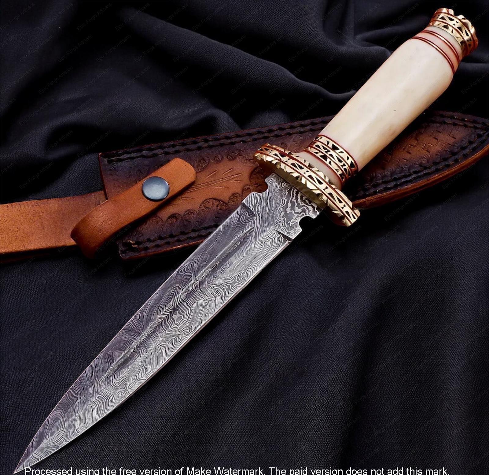 Hand Forged Wavy Dagger Knife-Camel Bone Handle, Damascus Steel Collectible, Engraved Fantasy Dagger, Viking Style Decorative Camping Knife
