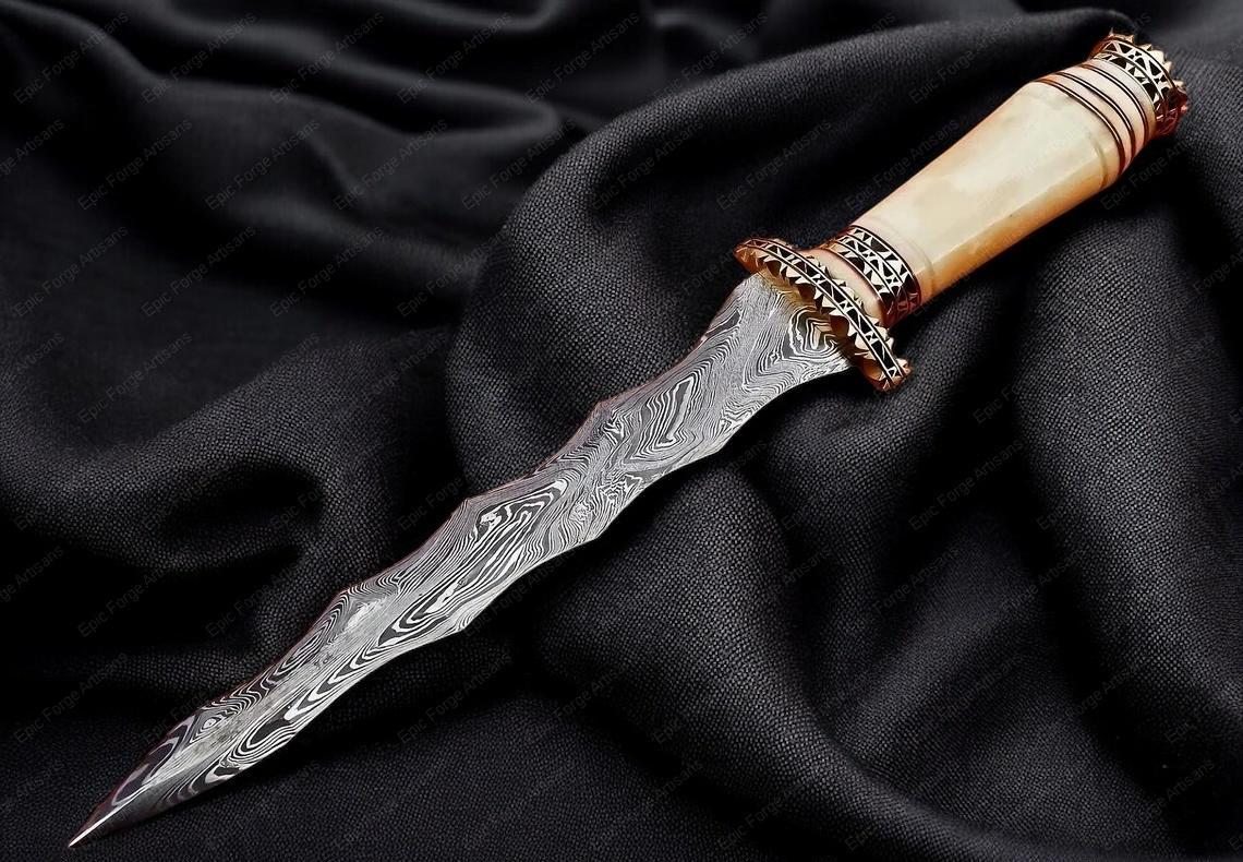 Hand Forged Wavy Dagger Knife-Camel Bone Handle, Damascus Steel Collectible, Engraved Fantasy Dagger, Viking Style Decorative Camping Knife