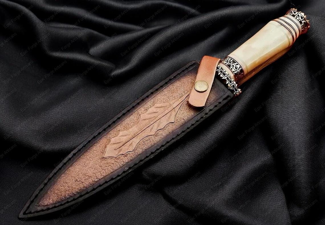 Hand Forged Wavy Dagger Knife-Camel Bone Handle, Damascus Steel Collectible, Engraved Fantasy Dagger, Viking Style Decorative Camping Knife