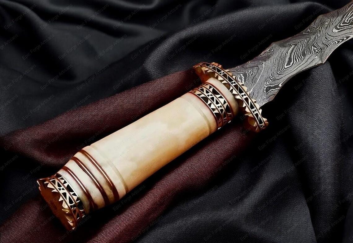 Hand Forged Wavy Dagger Knife-Camel Bone Handle, Damascus Steel Collectible, Engraved Fantasy Dagger, Viking Style Decorative Camping Knife
