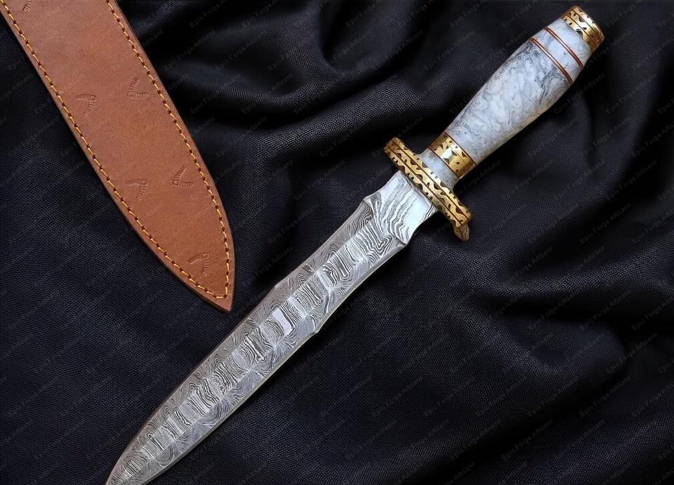 Hand Forged Wavy Dagger Knife-Camel Bone Handle, Damascus Steel Collectible, Engraved Fantasy Dagger, Viking Style Decorative Camping Knife