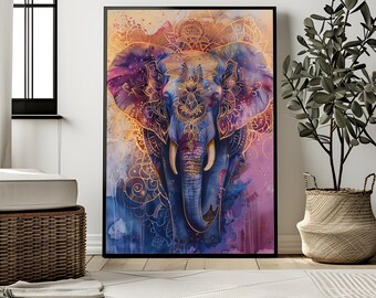 Boho Elephant Wall Art, Watercolor Elephant with Gold Mandala, Spiritual Animal Print, Abstract Elephant Decor, Digital Download
