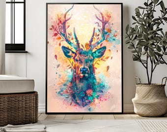 Mystische Aquarell Hirsch Kunst - Lebendiger Hirsch mit abstrakten Naturelementen, digitale Wandkunst