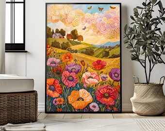 カラフルで気まぐれな花の風景 - 鮮やかなデジタルイラスト、コテージコアウォールアート