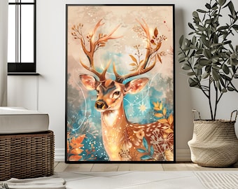 Magical Deer Wall Art, Fantasy Nature, Boho Animal Print, Woodland Decor, Mystical Stag Illustration, Instant Download