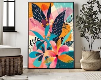 Abstrakte botanische Wandkunst | Farbenfroher Blumendruck | Modernes minimalistisches Pflanzen Kunstwerk | Lebendiges Naturdekor | Digitaler Download