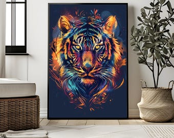 Colorful Neon Tiger Digital Art - Vibrant Jungle Wall Print - Psychedelic Tiger Poster - Spirit Animal Decor