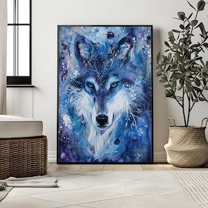 Mystical Blue Wolf Wall Art, Abstract Watercolor Wolf Print, Spirit Animal Decor, Boho Wildlife Painting, Celestial Wolf Digital Download