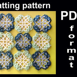 May include: Nine crocheted doilies in white, green, and blue, arranged in a square pattern on a yellow background. The text "PDF format" is in white on a black background.