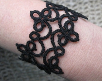 Black lace bracelet Tatting lace Thread bracelet Statement wide cuff bracelet  Adjustable Gothic style bangle Eco friendly cotton jewelry