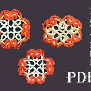 May include: Three crocheted doilies in orange, white, and yellow. The doilies are in the shape of a flower, a circle, and a square. The text "PATTERN PDF" is in the lower right corner of the image.