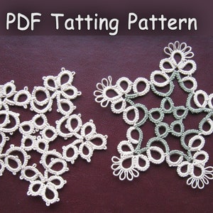 May include: Two tatting patterns, one in white and one in green, in the shape of a star. The image includes the text "PDF Tatting Pattern".