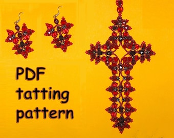 Tutoriel de motif de pendentif en croix tatouée et de boucles d'oreilles en perles - Navette dentelle de tatting avec perles - 13 pages Téléchargement numérique instantané fichier PDF