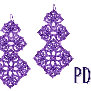 May include: Purple crochet earrings with a delicate floral design. The earrings are made of multiple layers of intricate lacework. PATTERN PDF.